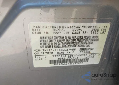 2008 Nissan Sentra 2.0S from USA, damaged, VIN 3N1AB61EX8L687422